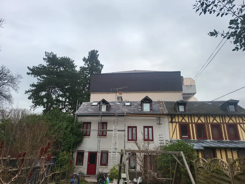 Maisons de ville et maison à colombages, échelle contre la façade