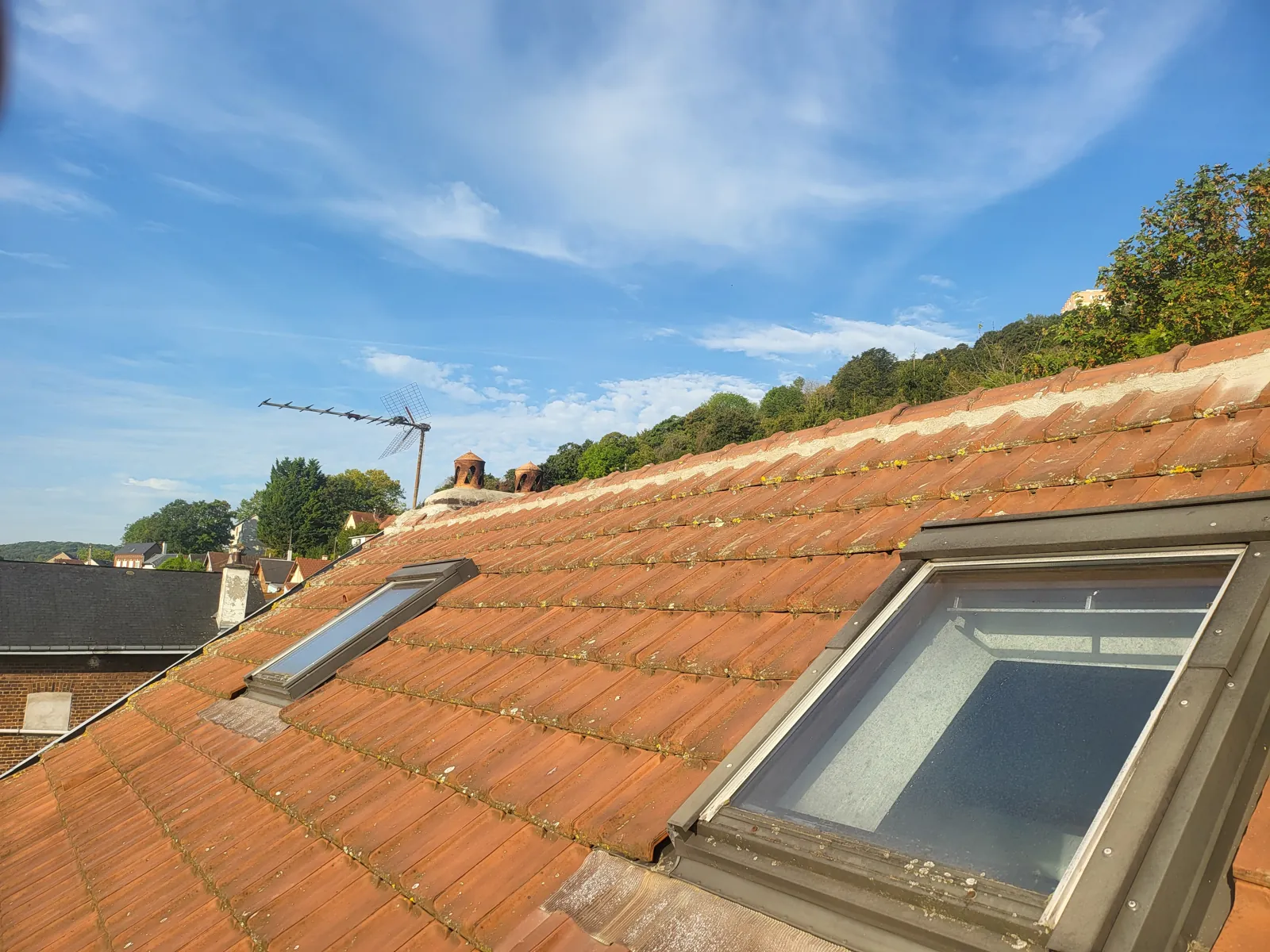 Deux fenêtres de toit sur une toiture en tuiles, vue dégagée